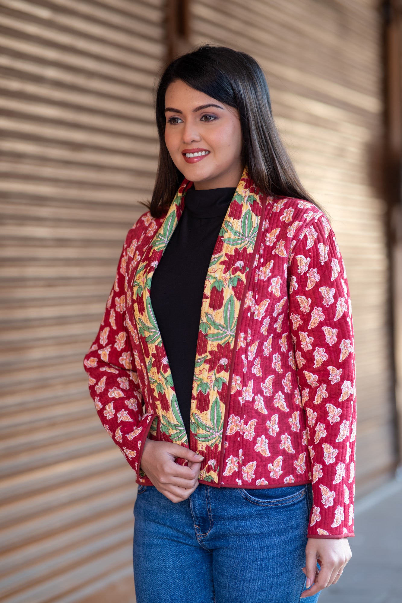 Red Quilted Reversible Front Open Jacket-NVQJ587