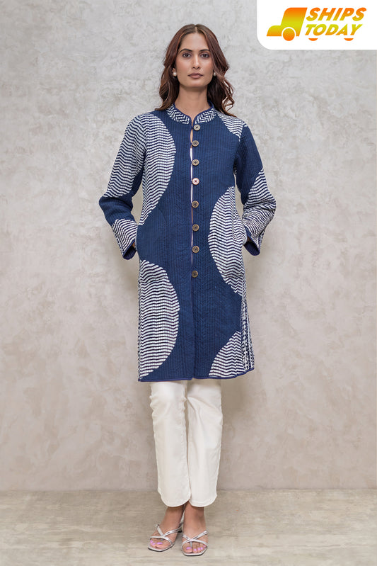 Indigo Block Printed Reversible Quilted Jacket-NVQJ610