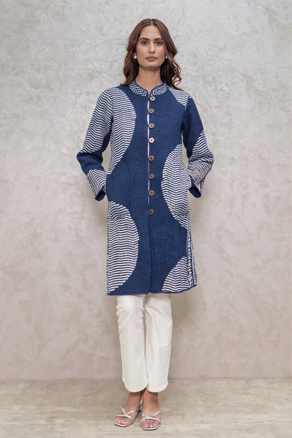 Indigo Block Printed Reversible Quilted Jacket-NVQJ610