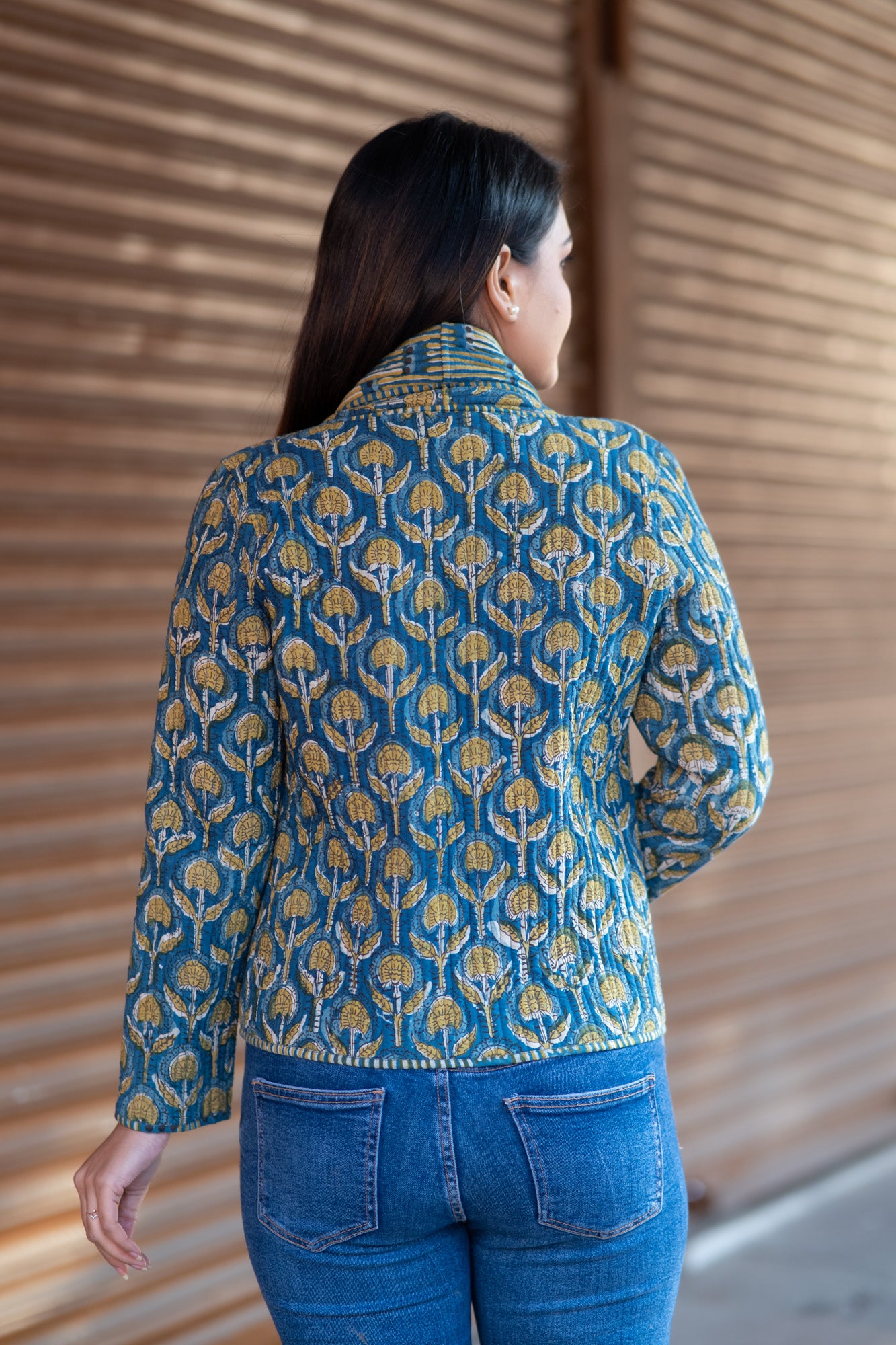 Bagru Blue Quilted Reversible Front Open Jacket-NVQJ586