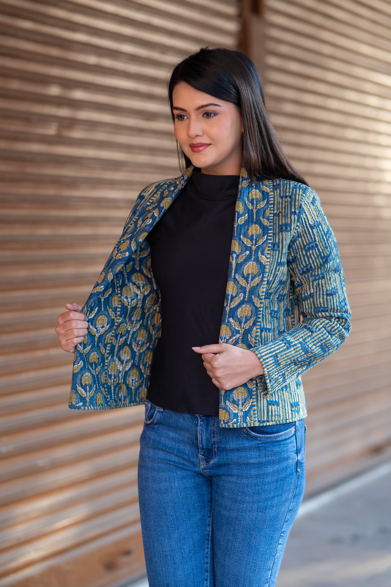 Bagru Blue Quilted Reversible Front Open Jacket-NVQJ586