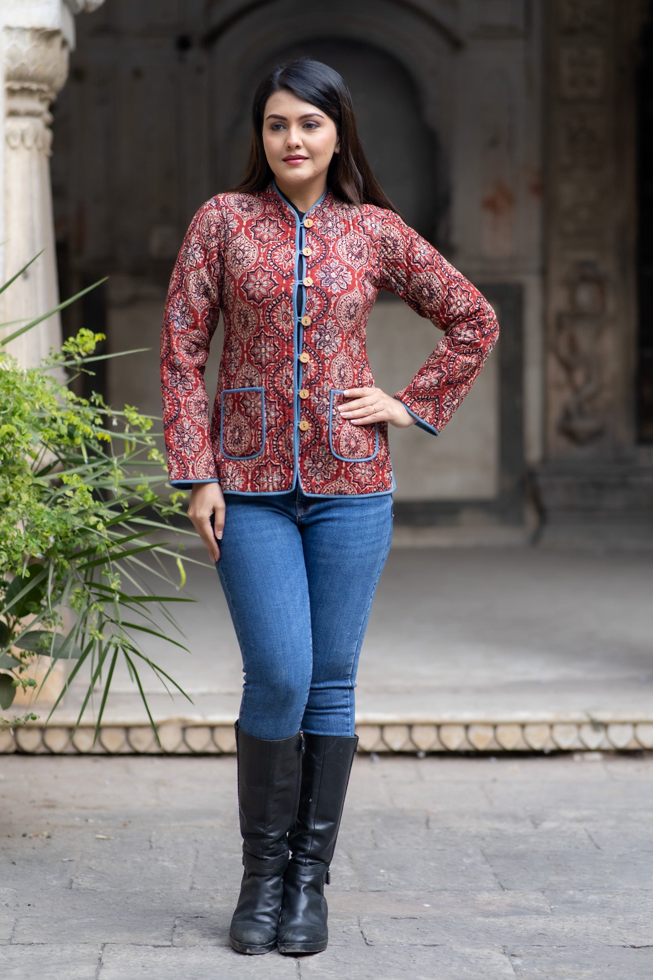 Ajrakh Block Printed Reversible Quilted Jacket-NVQJ565