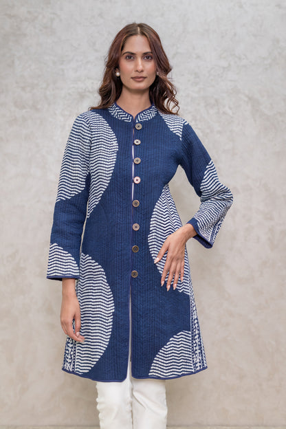 Indigo Block Printed Reversible Quilted Jacket-NVQJ610