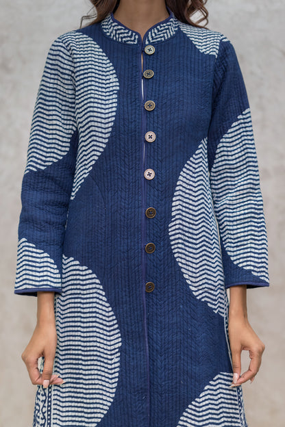 Indigo Block Printed Reversible Quilted Jacket-NVQJ610