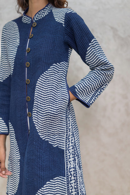 Indigo Block Printed Reversible Quilted Jacket-NVQJ610