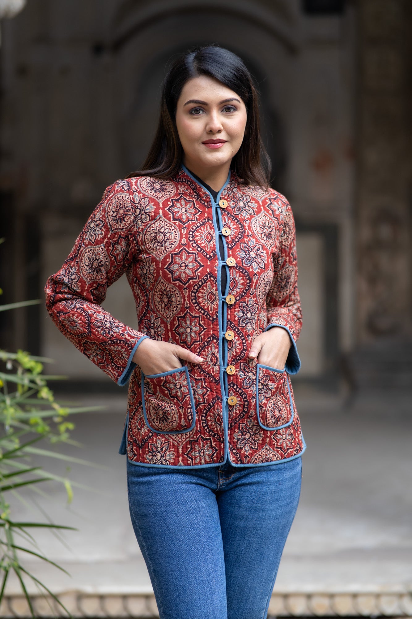 Ajrakh Block Printed Reversible Quilted Jacket-NVQJ565