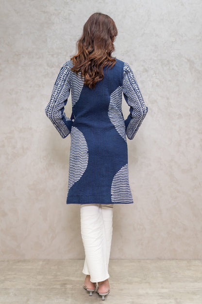 Indigo Block Printed Reversible Quilted Jacket-NVQJ610