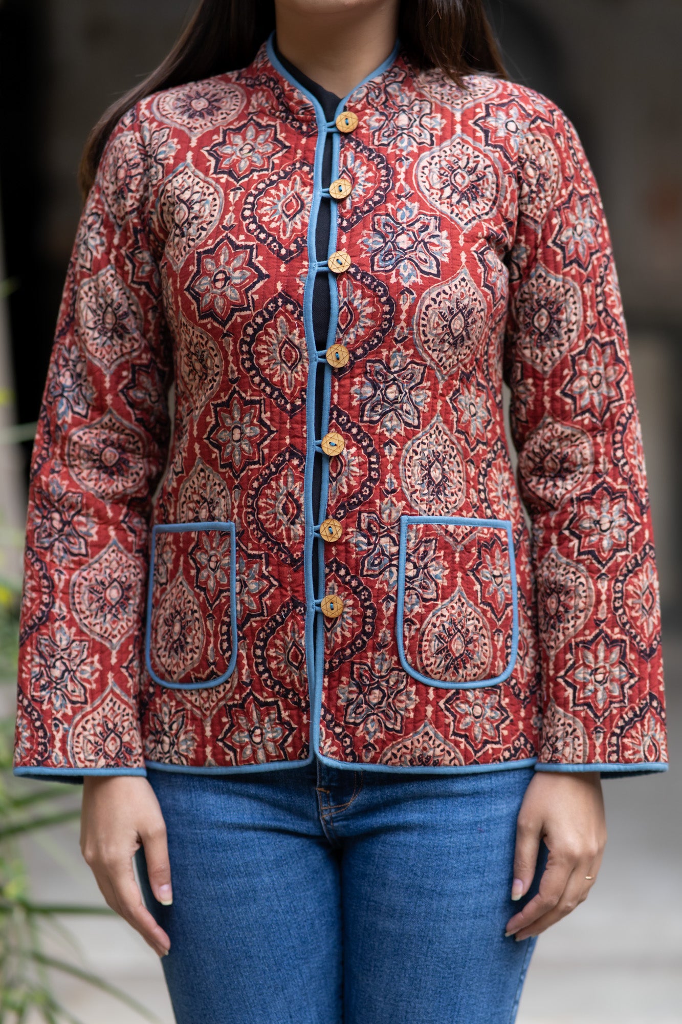 Ajrakh Block Printed Reversible Quilted Jacket-NVQJ565