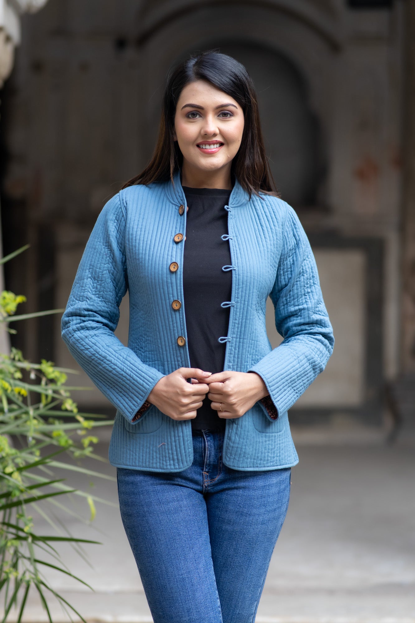 Ajrakh Block Printed Reversible Quilted Jacket-NVQJ565