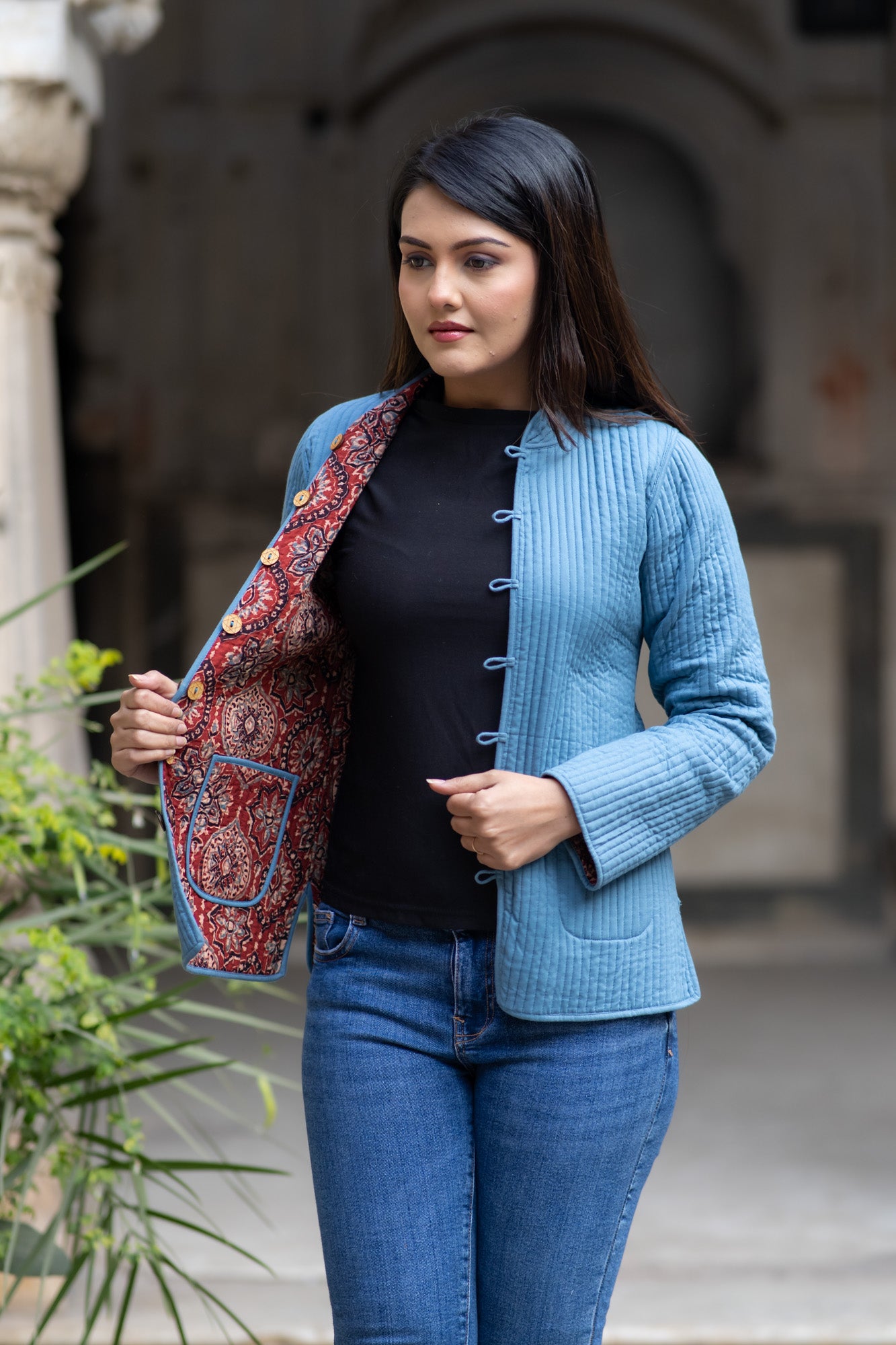 Ajrakh Block Printed Reversible Quilted Jacket-NVQJ565