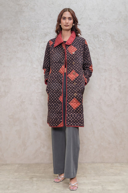 Black Ajrakh Fiber Quilted Jacket-NVQJ607
