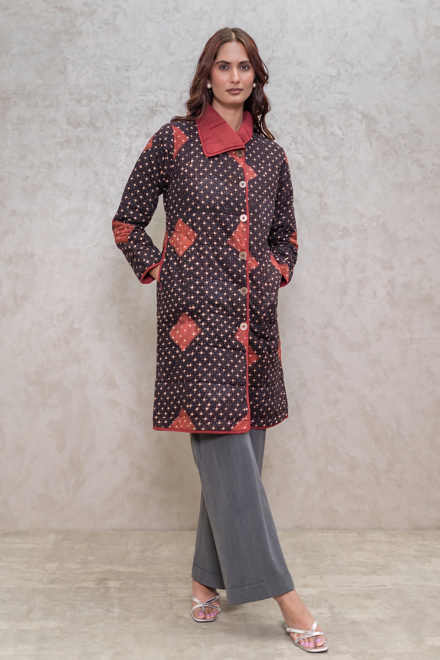 Black Ajrakh Fiber Quilted Jacket-NVQJ607