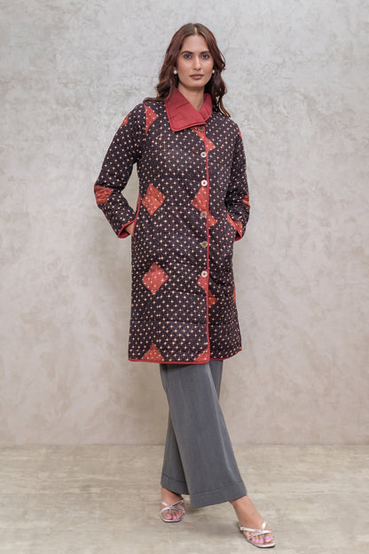 Black Ajrakh Fiber Quilted Jacket-NVQJ607