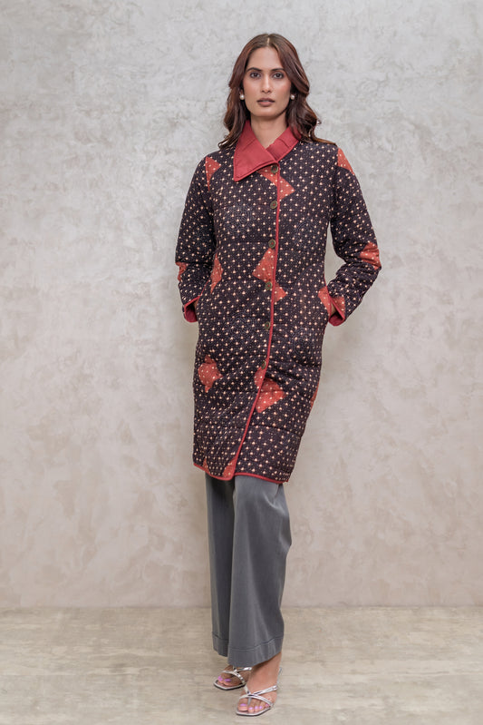 Black Ajrakh Fiber Quilted Jacket-NVQJ607