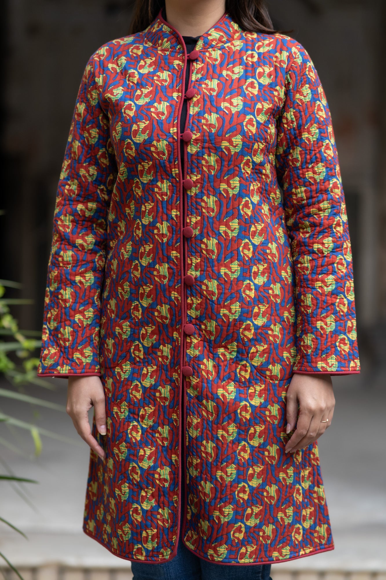 Floral Block Printed Reversible Quilted Coat-NVQJ579