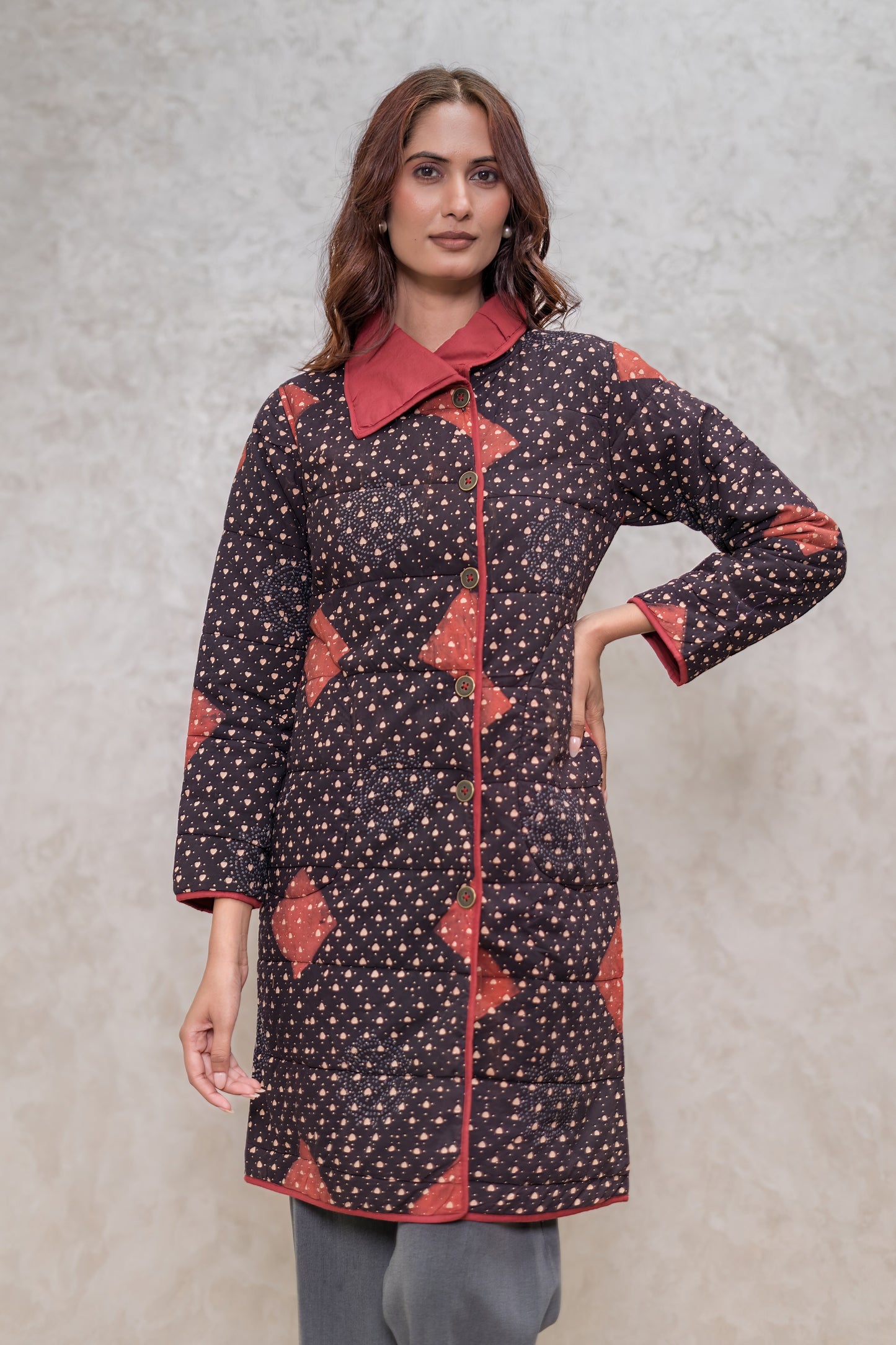 Black Ajrakh Fiber Quilted Jacket-NVQJ607