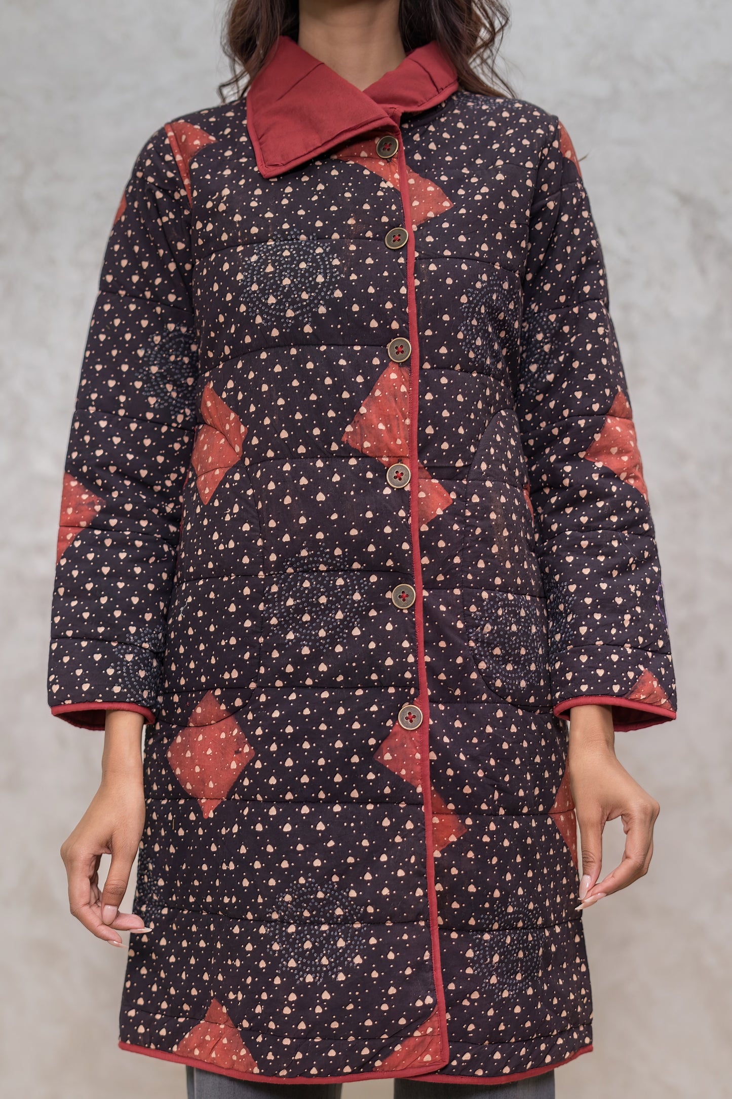 Black Ajrakh Fiber Quilted Jacket-NVQJ607