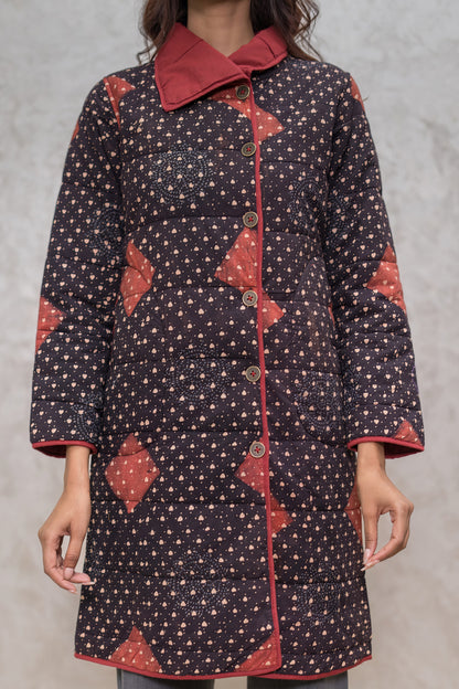 Black Ajrakh Fiber Quilted Jacket-NVQJ607