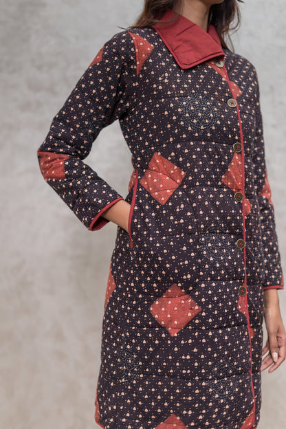 Black Ajrakh Fiber Quilted Jacket-NVQJ607