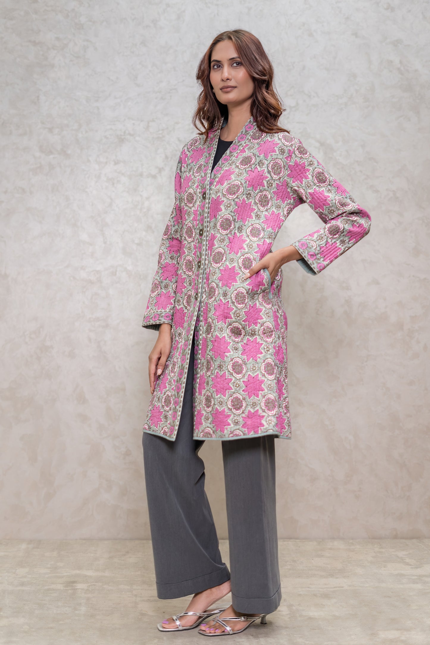 Floral Block Printed Quilted Jacket-NVQJ611