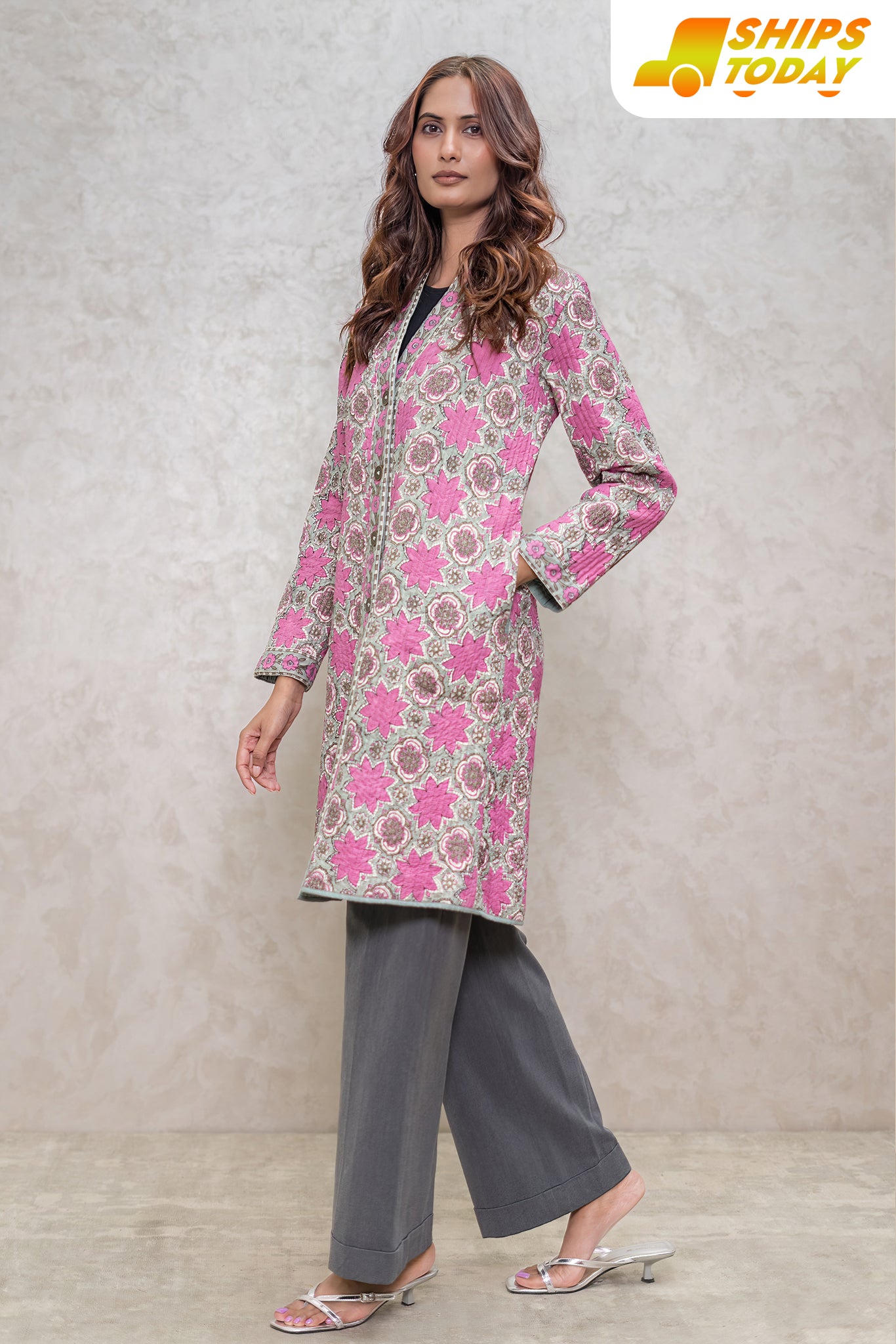 Floral Block Printed Quilted Jacket-NVQJ611