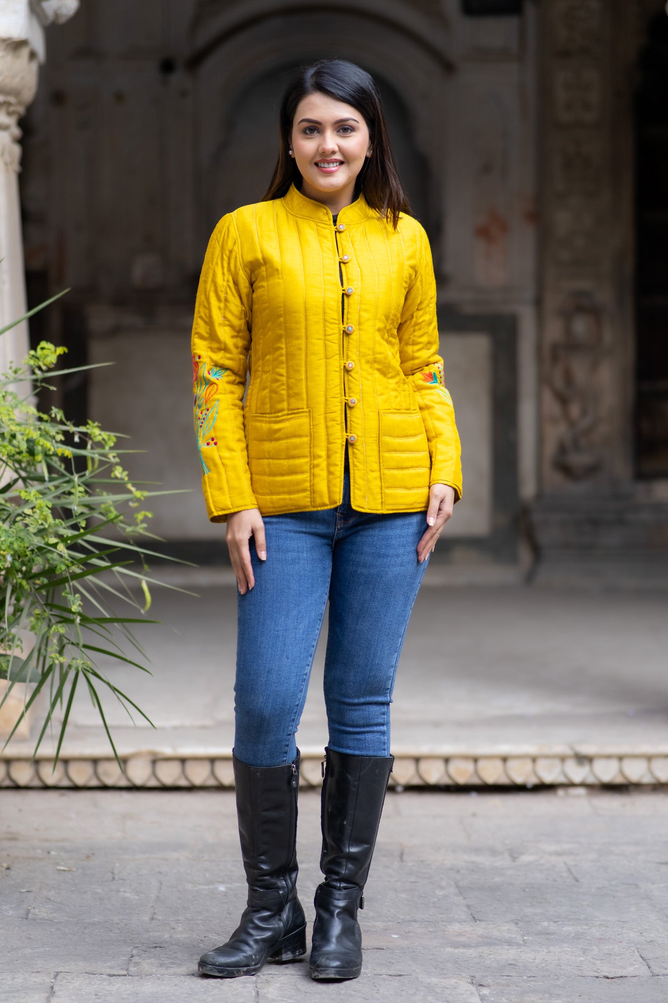 Golden Yellow Embroidered Silk Jacket-NVQJ570