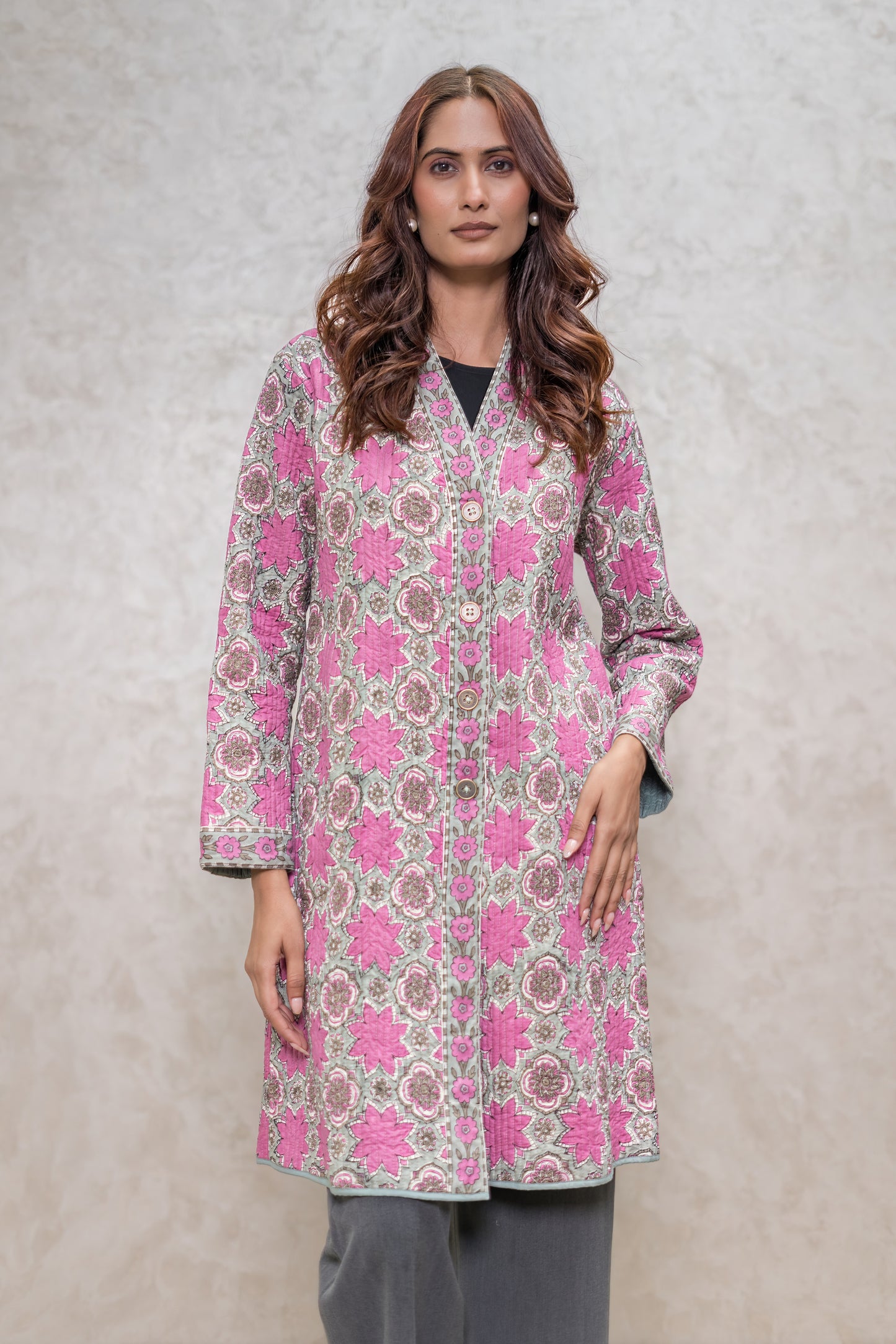 Floral Block Printed Quilted Jacket-NVQJ611