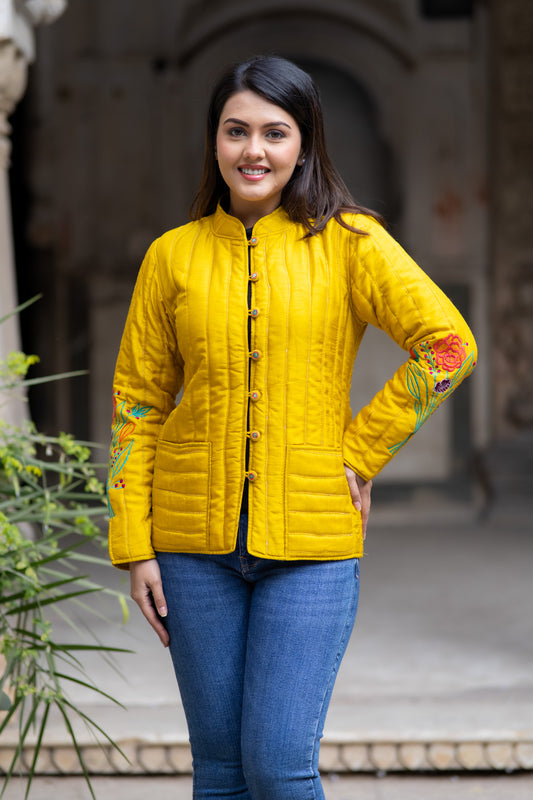 Golden Yellow Embroidered Silk Jacket-NVQJ570