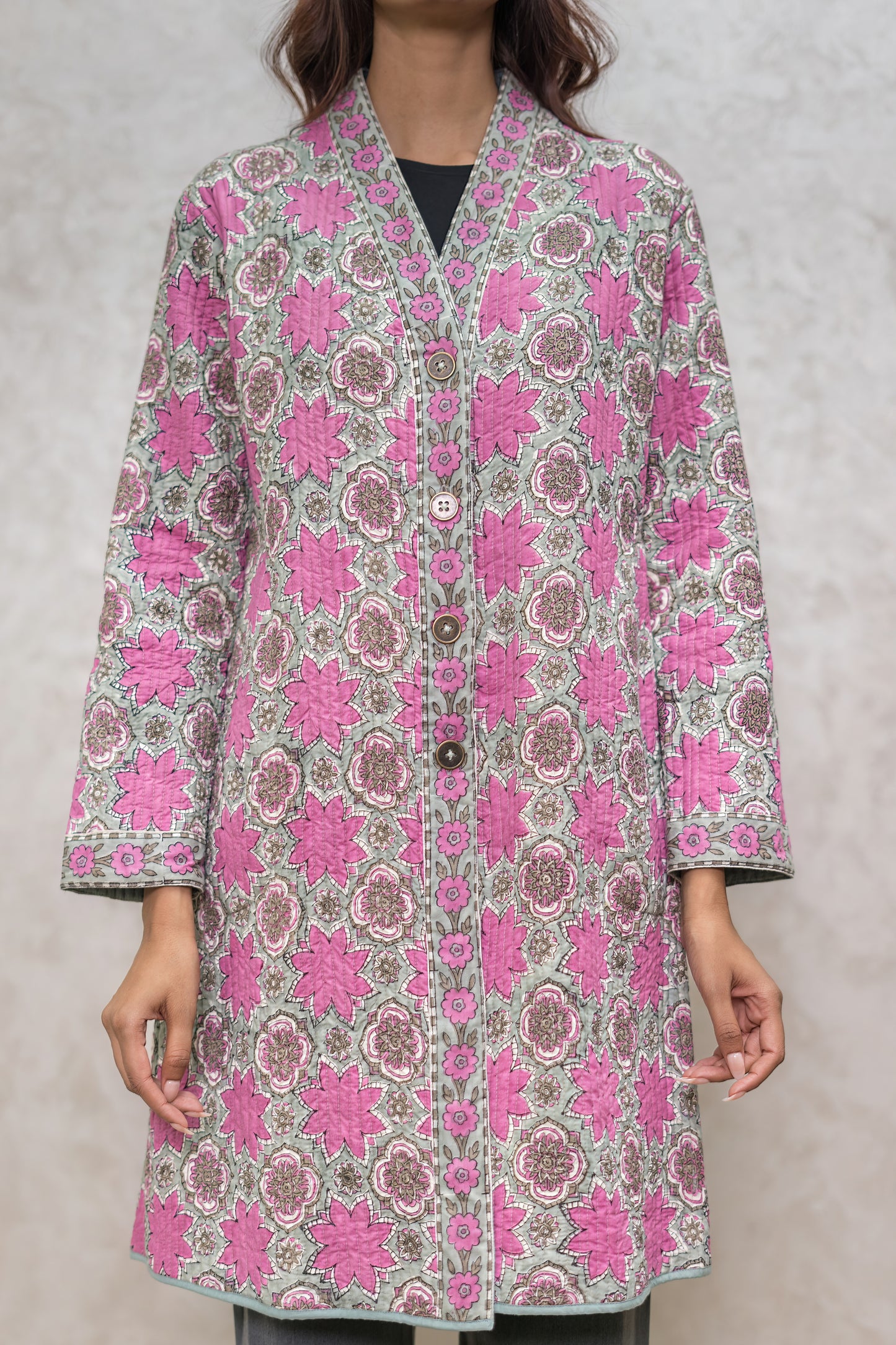 Floral Block Printed Quilted Jacket-NVQJ611