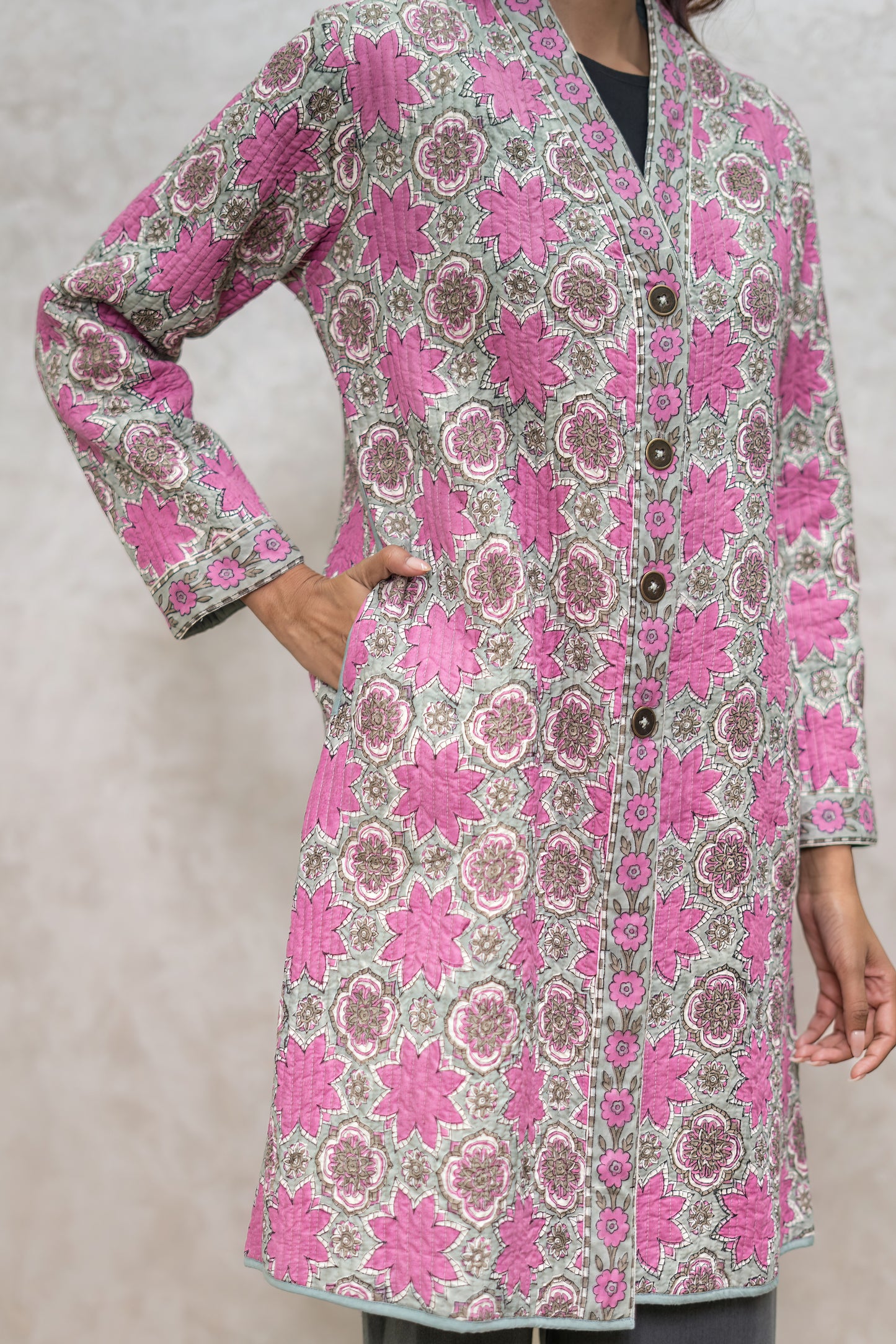 Floral Block Printed Quilted Jacket-NVQJ611