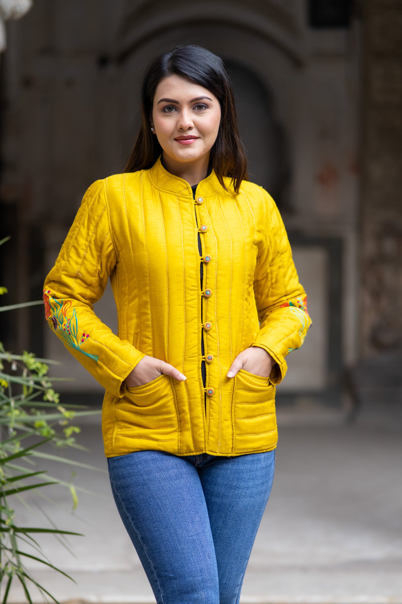 Golden Yellow Embroidered Silk Jacket-NVQJ570