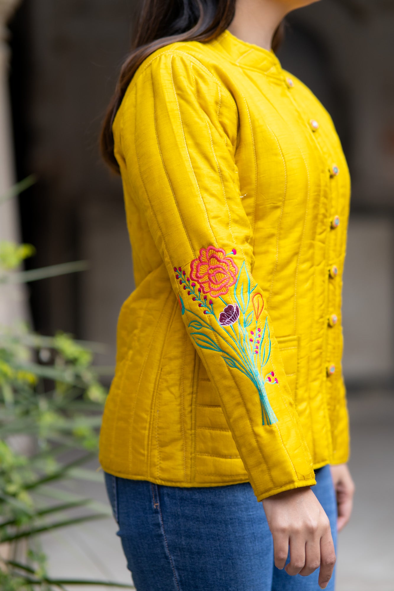 Golden Yellow Embroidered Silk Jacket-NVQJ570