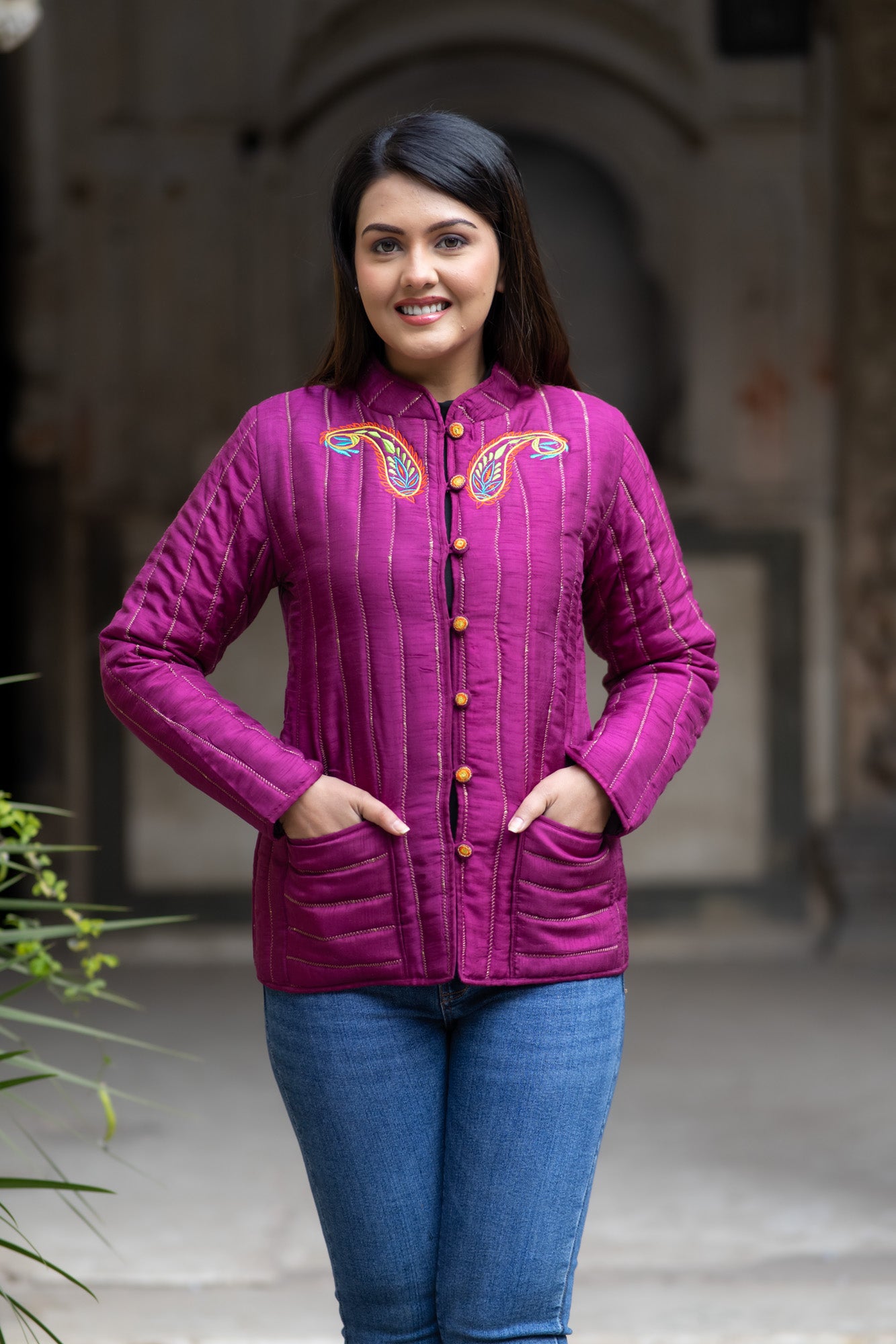 Purple Embroidered Silk Jacket-NVQJ571