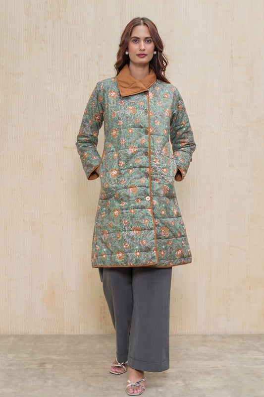 Green Block Printed Fiber Quilted Jacket-NVQJ608