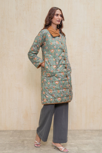 Green Block Printed Fiber Quilted Jacket-NVQJ608