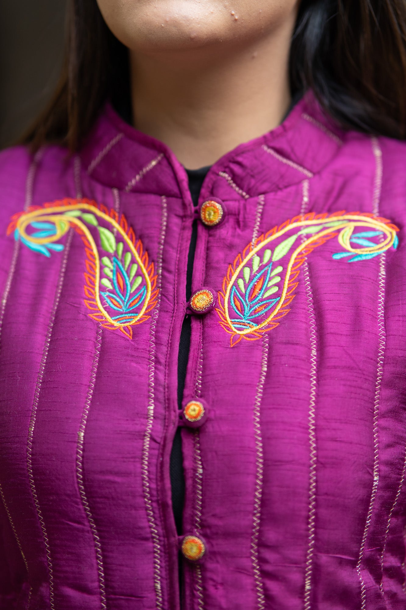 Purple Embroidered Silk Jacket-NVQJ571