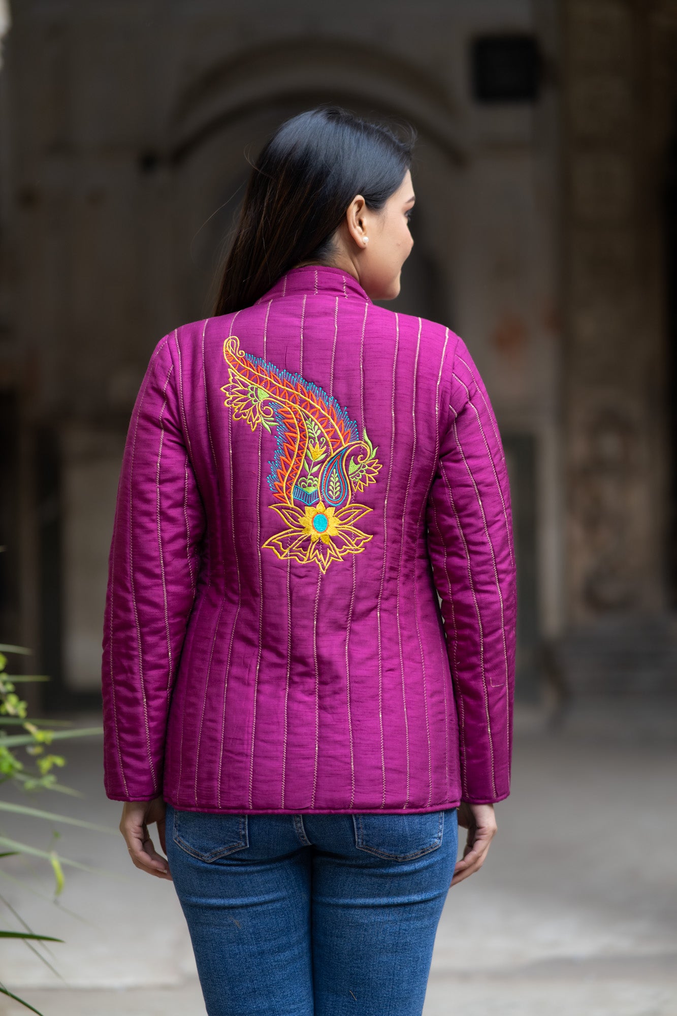 Purple Embroidered Silk Jacket-NVQJ571