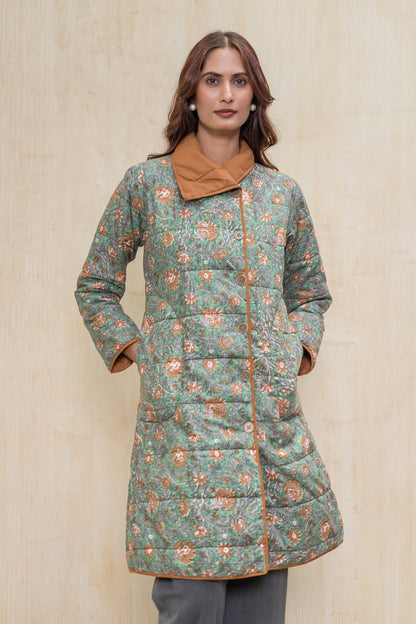 Green Block Printed Fiber Quilted Jacket-NVQJ608