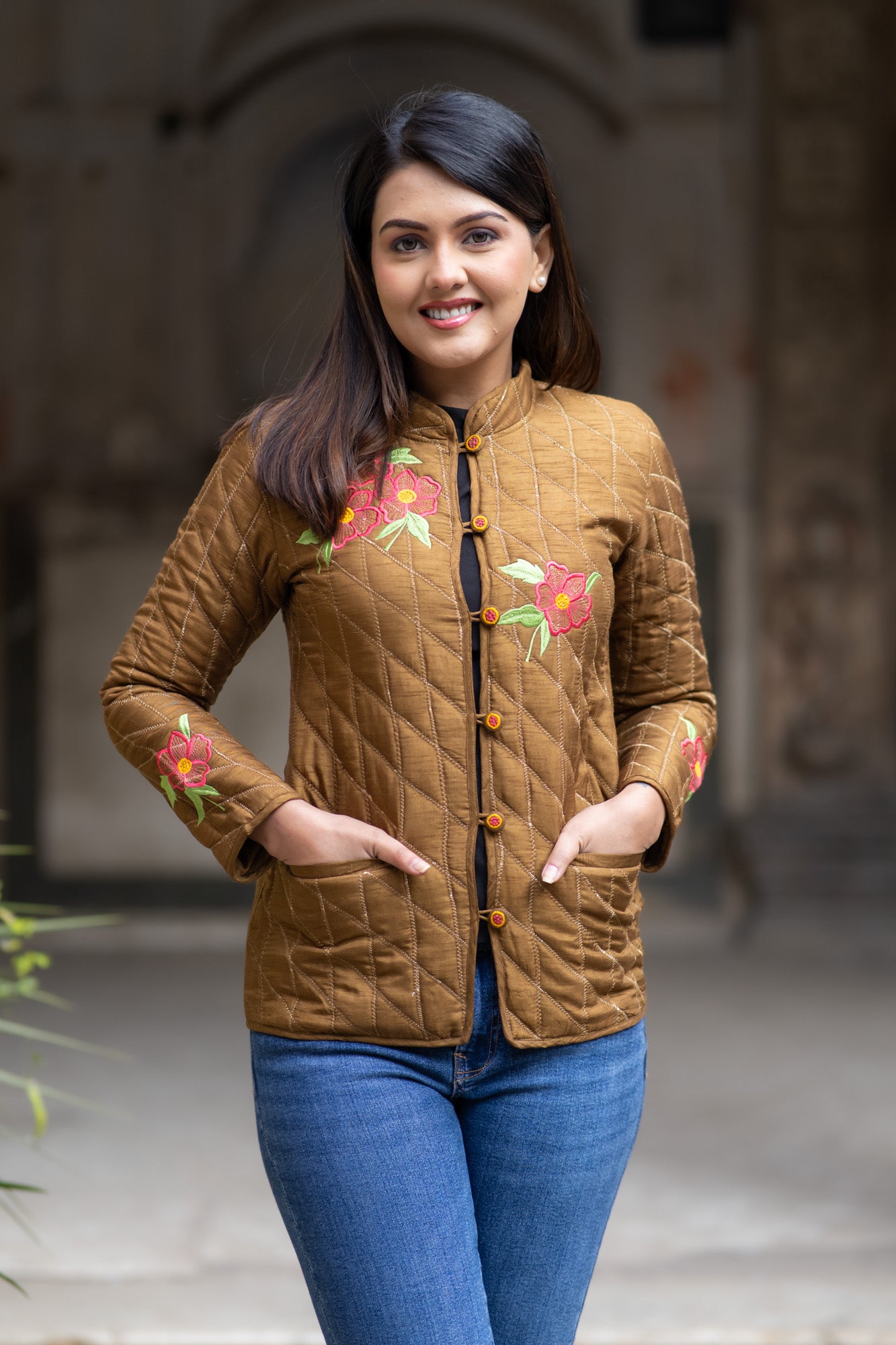 Brown Embroidered Silk Jacket-NVQJ572