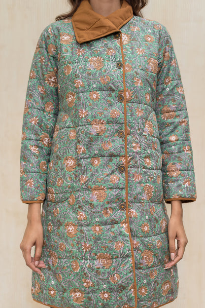 Green Block Printed Fiber Quilted Jacket-NVQJ608