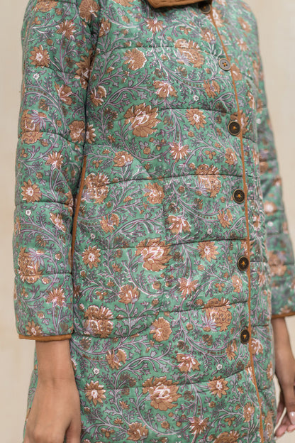 Green Block Printed Fiber Quilted Jacket-NVQJ608
