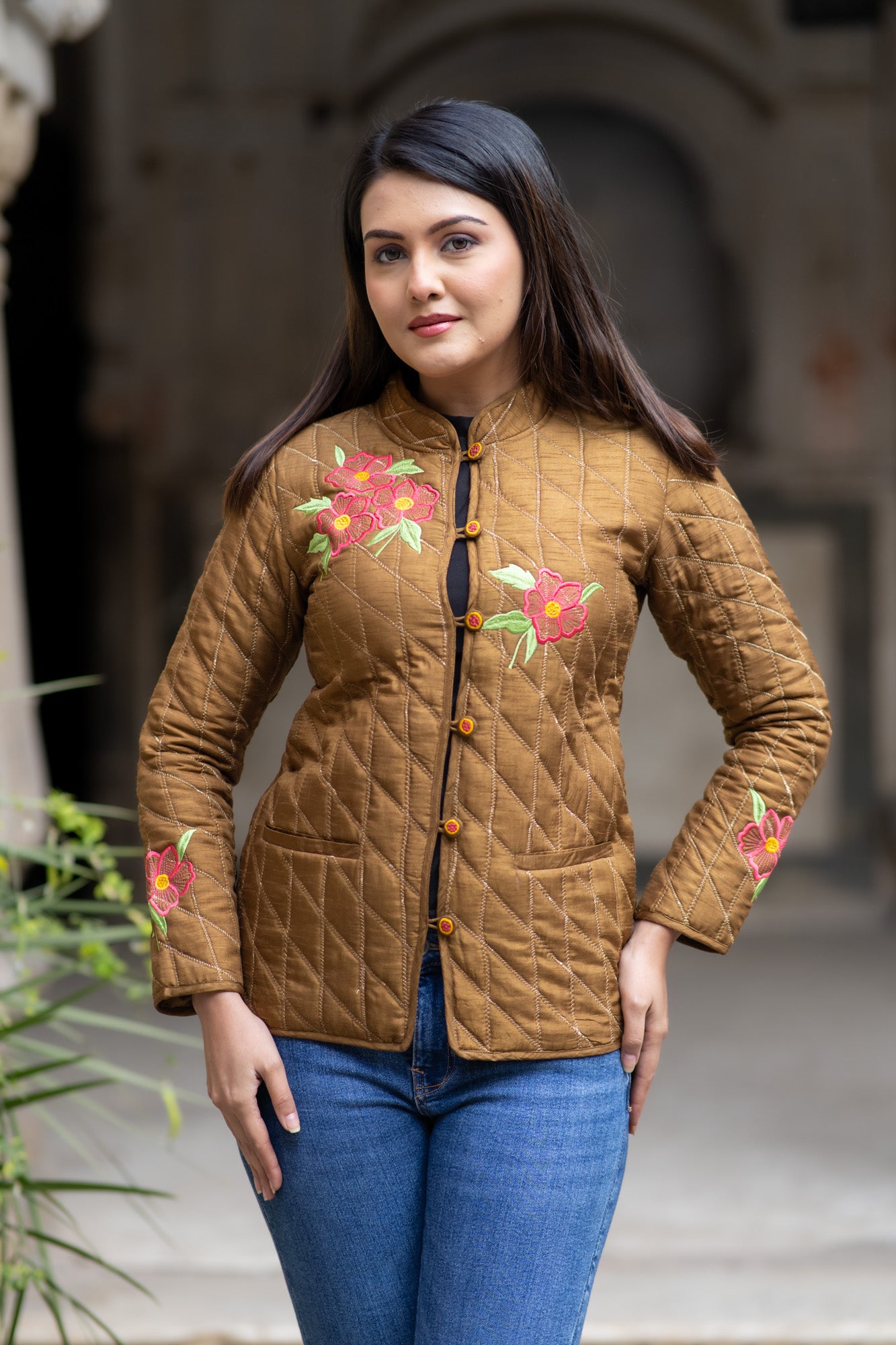 Brown Embroidered Silk Jacket-NVQJ572