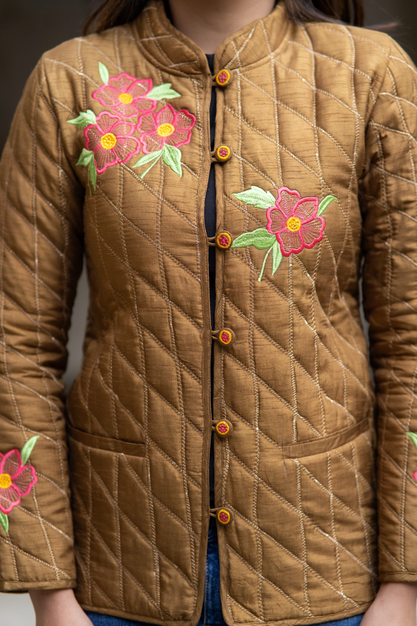 Brown Embroidered Silk Jacket-NVQJ572