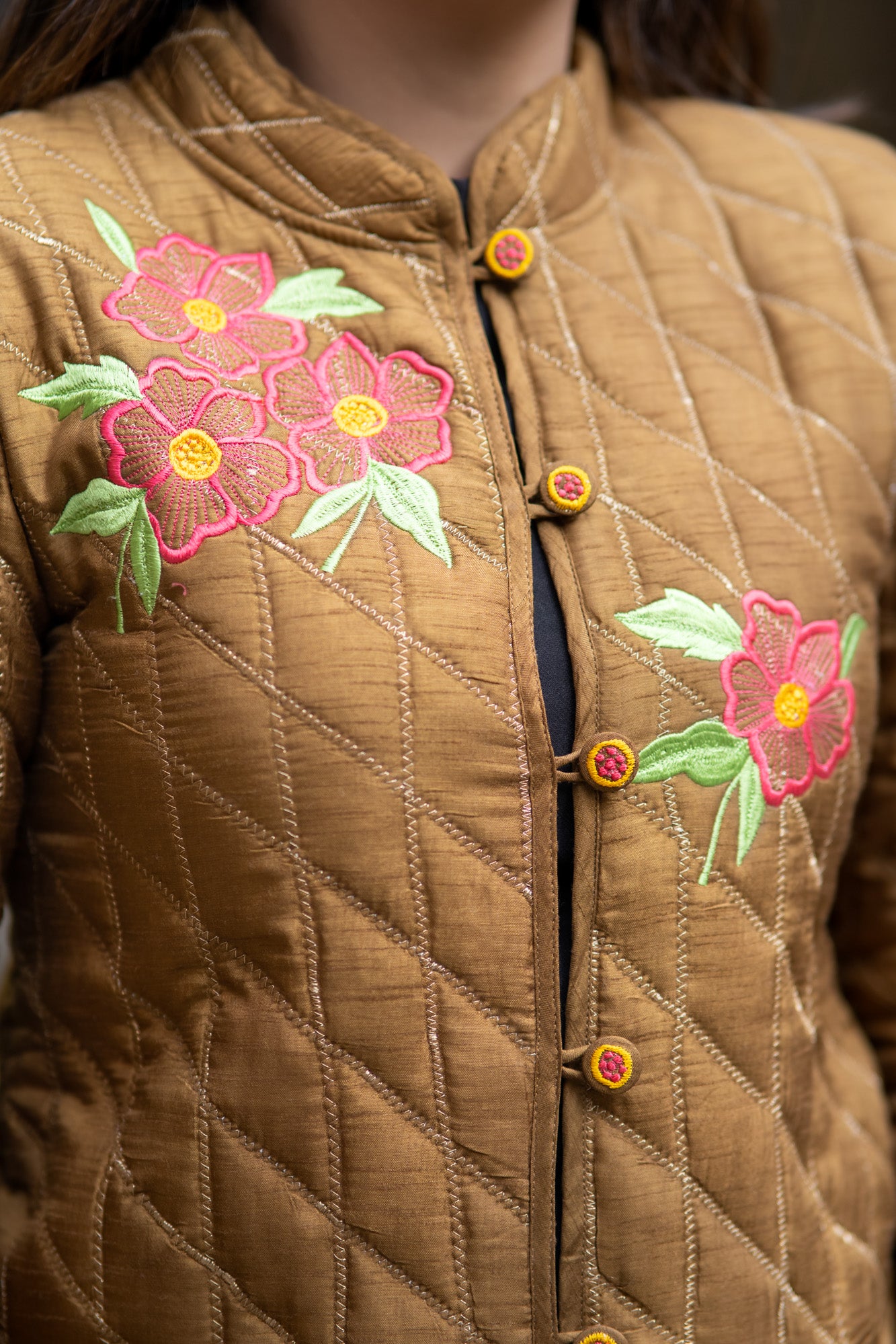 Brown Embroidered Silk Jacket-NVQJ572