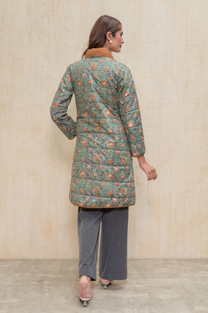 Green Block Printed Fiber Quilted Jacket-NVQJ608
