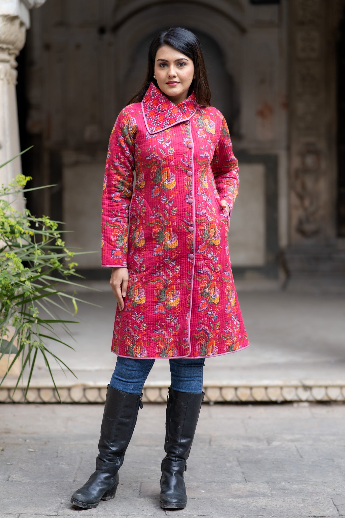 Pink Block Printed Bukhara Coat-NVQJ588