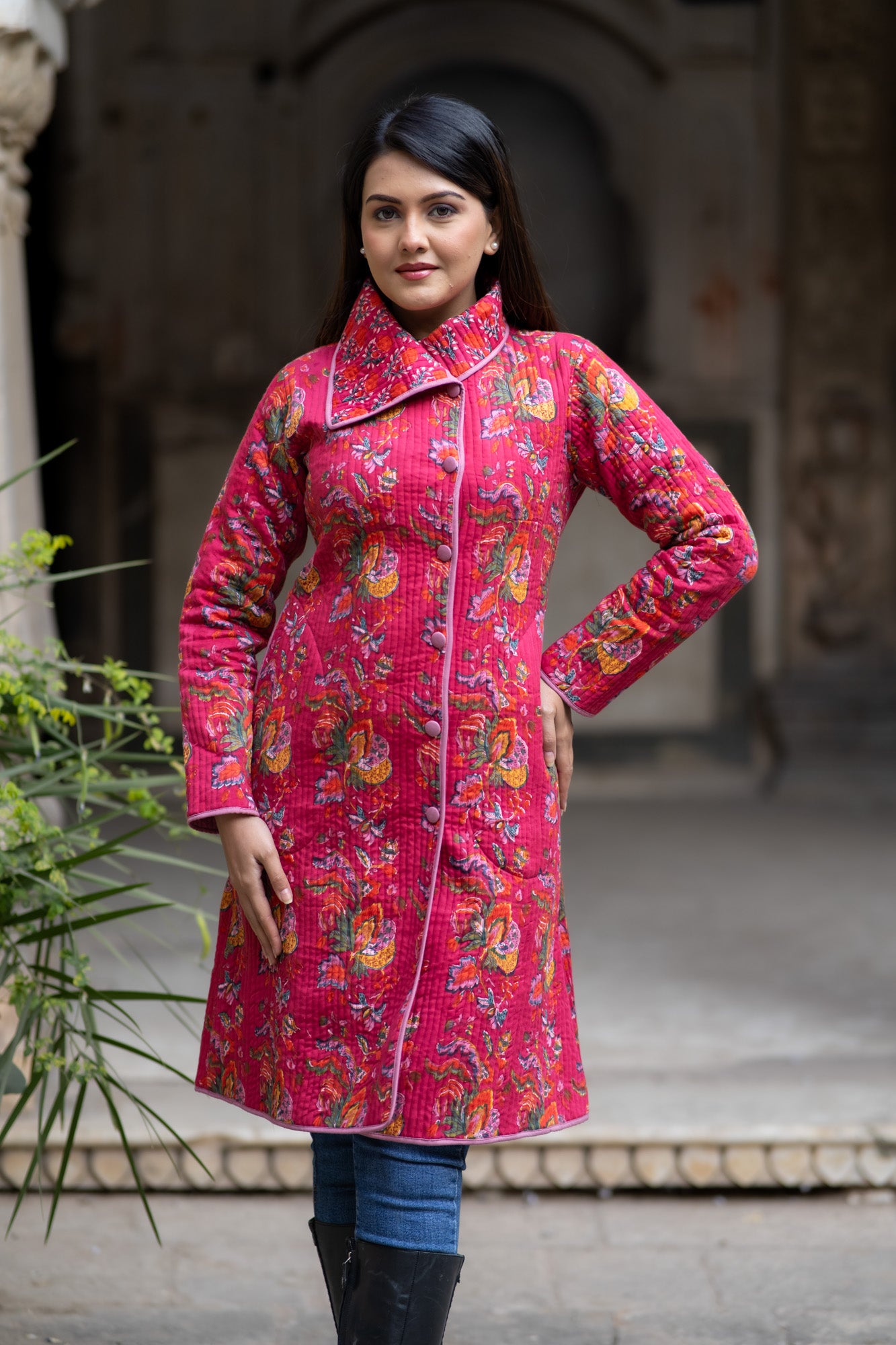 Pink Block Printed Bukhara Coat-NVQJ588