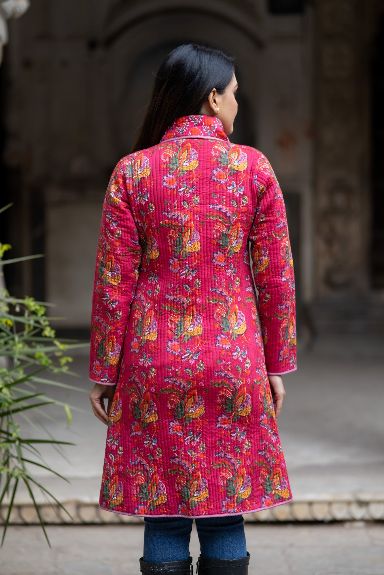 Pink Block Printed Bukhara Coat-NVQJ588