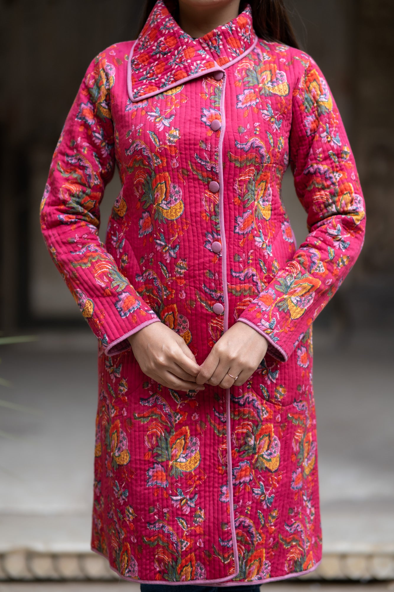 Pink Block Printed Bukhara Coat-NVQJ588