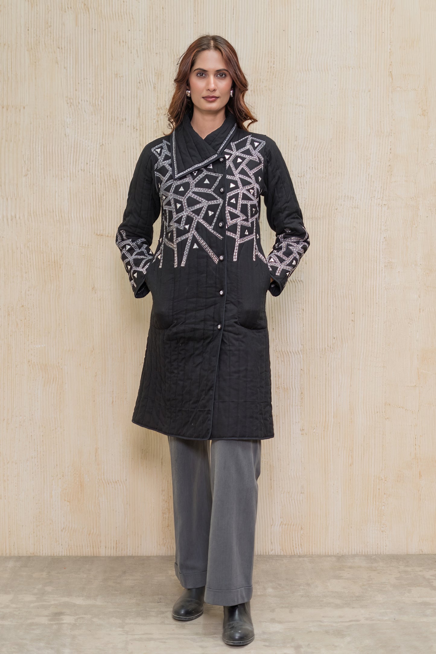 Black Embroidered Quilted Jacket-NVQJ613